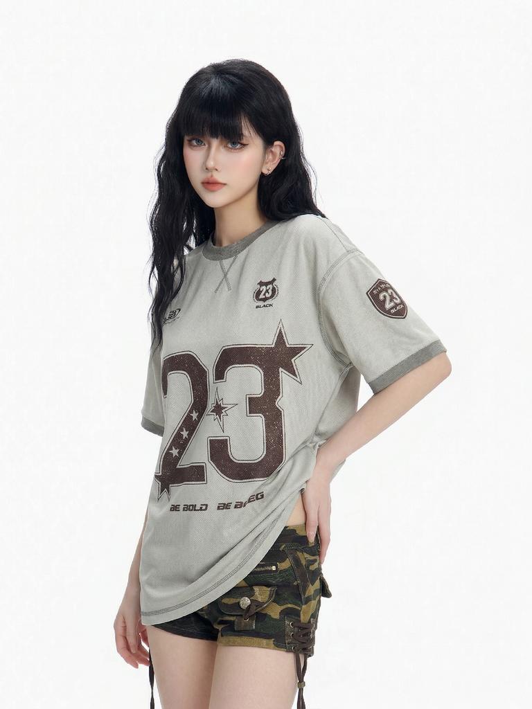 Women's Loose Versatile American Retro Short-Sleeve Top with Digital Printing for Casual Wear