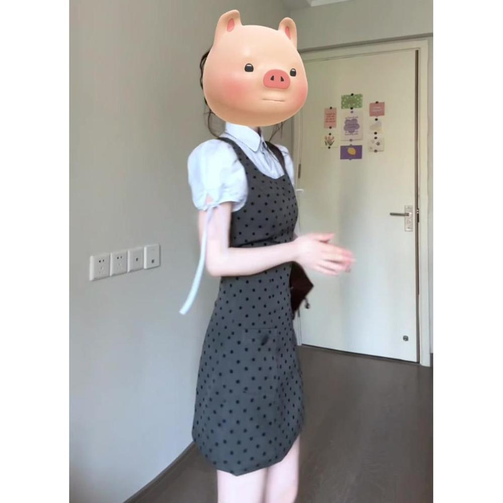 Petite dress, courtyard style suit, polka dot slip dress, women, New Summer, short sleeves, strappy shirts, women