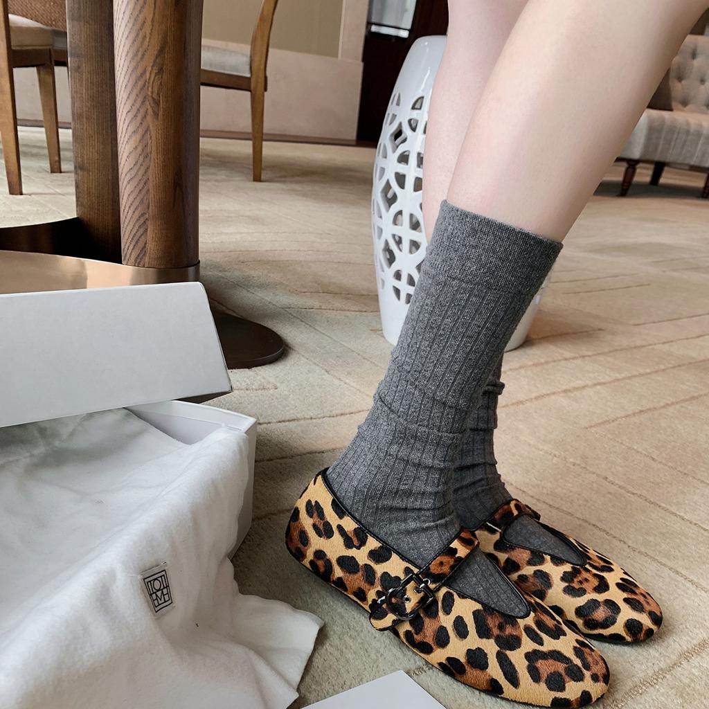 Sheepskin Version of Grape Mother, the Same Age-reducing Round Head with Flat Mary Jane Shoes, Women's Leopard Print Horse Hair Shallow