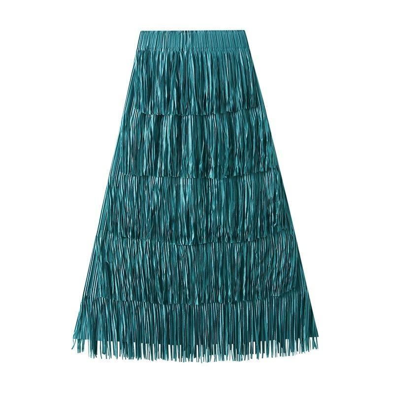 Qooth Women Tassel Splicing Pleated Skirt Elegant Elastic Waist All Match A-line Long Skirt For Spring Summer QT2140
