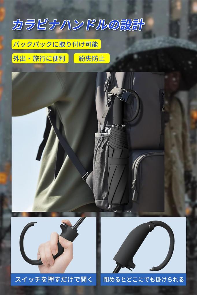 Folding Umbrella with Automatic Function Carabiner Large Folding Umbrella for Super Strong Suitable for Heavy Rainy and Typhoons Open/Close [Extra