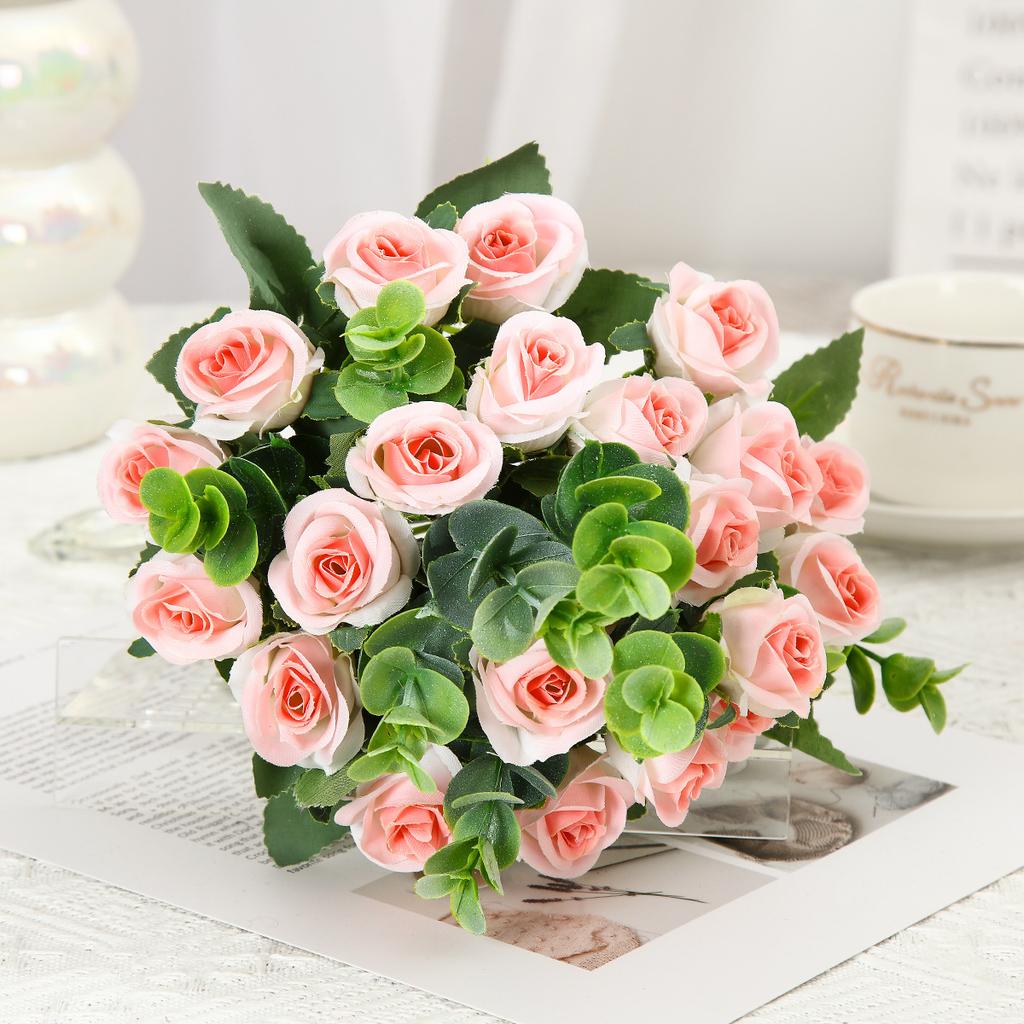 Artificial Bouquet Small Handle Rose Eucalyptus Leaves Home Decor Living Room Decoration Wedding Garden Simulated Flowers