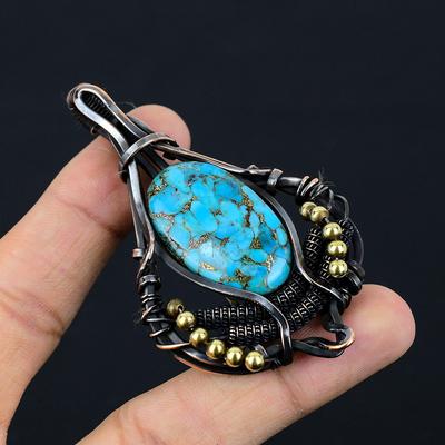 Gioielli pendenti fatti a mano di design avvolti in filo di rame puro con pietra preziosa turchese rame per regalo
