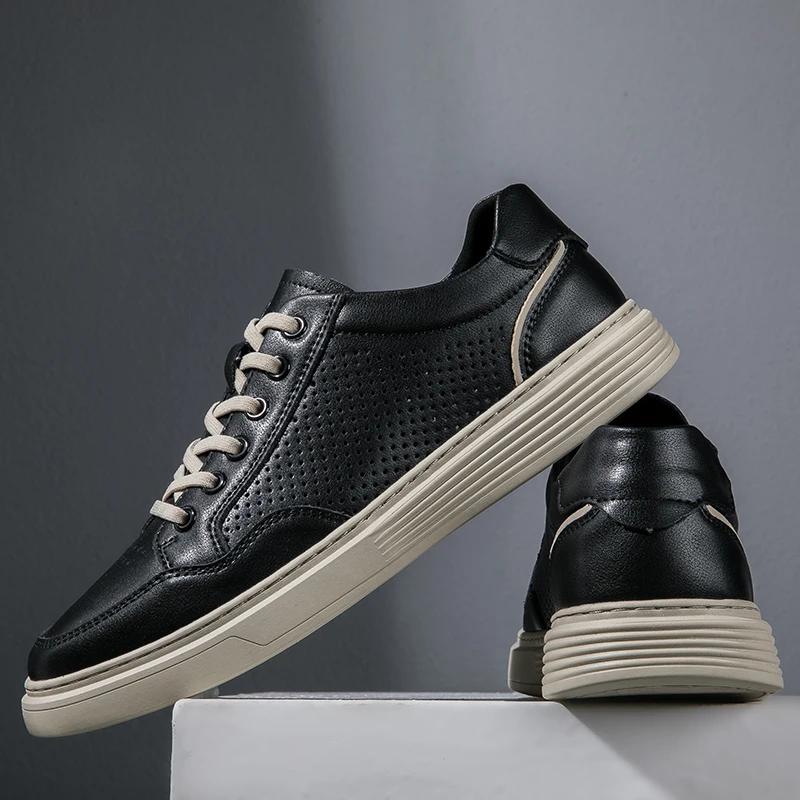 New Breathable Mens Shoes Fashion Hollow Out Walking Sneakers Comfy Outdoor Italian Genuine Leather Casual Shoes Skateboard Shoe