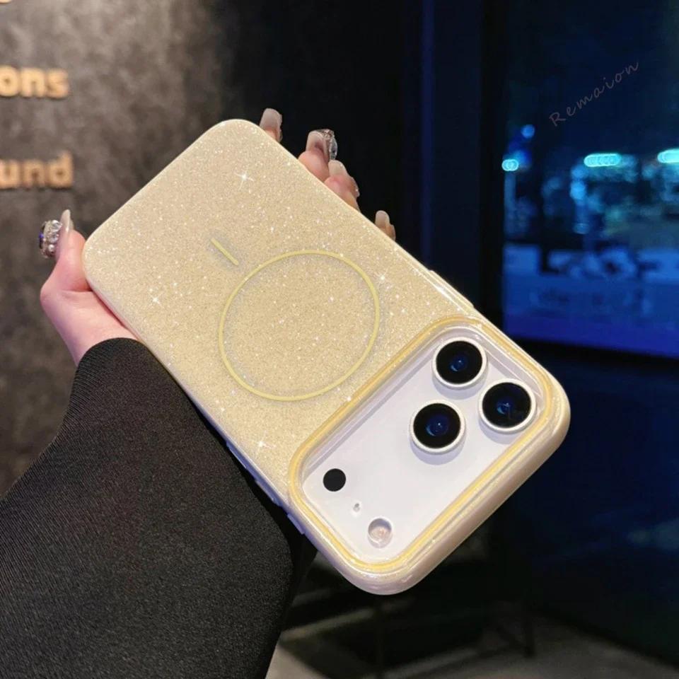 Magnetic Phone Case for iPhone 17 16 15 14 13 Pro Max Air Plus For Magsafe Funda Bling Bling Glitter Wireless Charger Cover