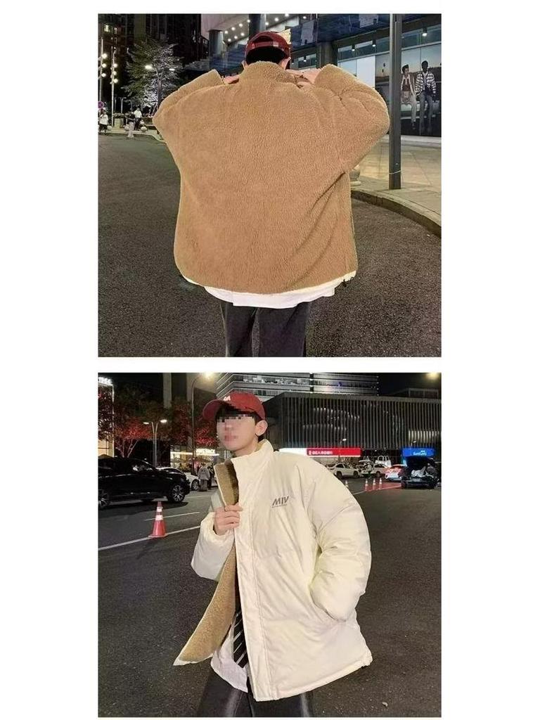Men's Trendy Reversible Lambswool Cotton Jacket: Winter Velvet Thickened, Loose Fit, Hong Kong Style, Casual Outerwear.