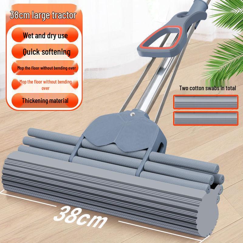 Sponge Mop with Cotton Squeeze Roller - High Absorption, Hands-Free, Large & Durable for Household Floors