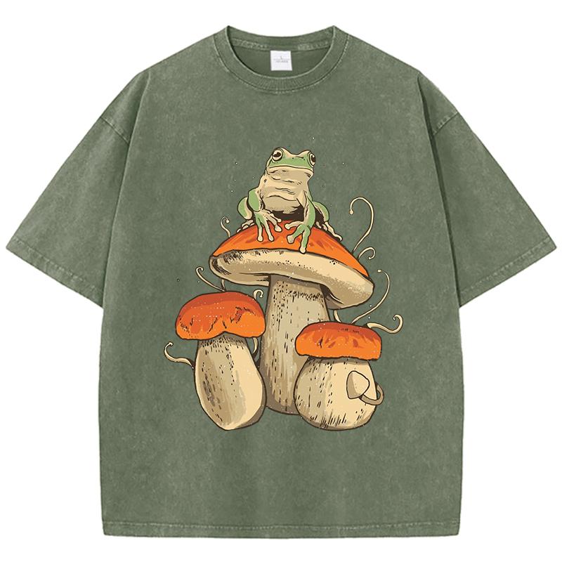 Mushroom Frog Art Aesthetics Print Washed T Shirt Women Summer Vintage Short Sleeves Cotton Loose O-Neck T-Shirt