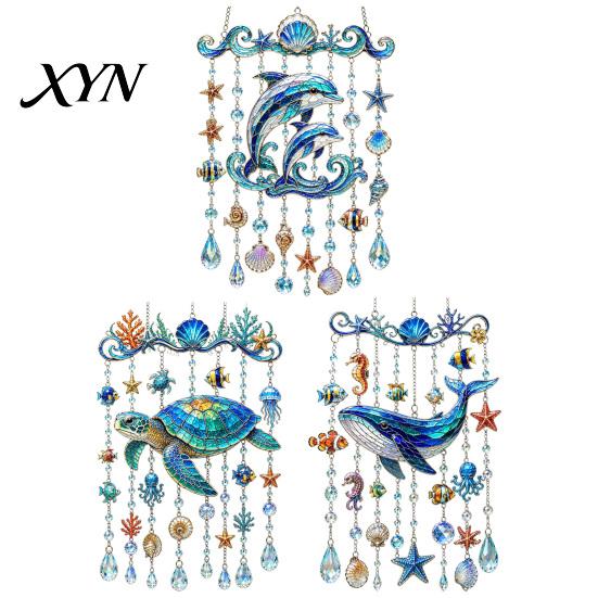 Durable Acrylic Sun Catcher Ocean Animal Window Hanging, Stained Glass Style Sea Turtle Whale Dolphin Suncatcher Beach Themed Home Decor with Crystal