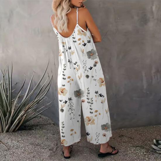 Summer Women Jumpsuit Adjustable Spaghetti Strap Backless Sleeveless Wide Leg Loose Floral Print Deep Crotch Side Pockets Pleated Vacation