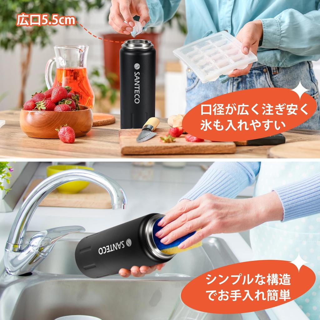 SANTECO Stainless Steel Vacuum Insulated Water Bottle with Insulates Hot and Cold Wide Sports for Car Outdoor Black Lid, 710ml, Water, Mouth, Bottle,