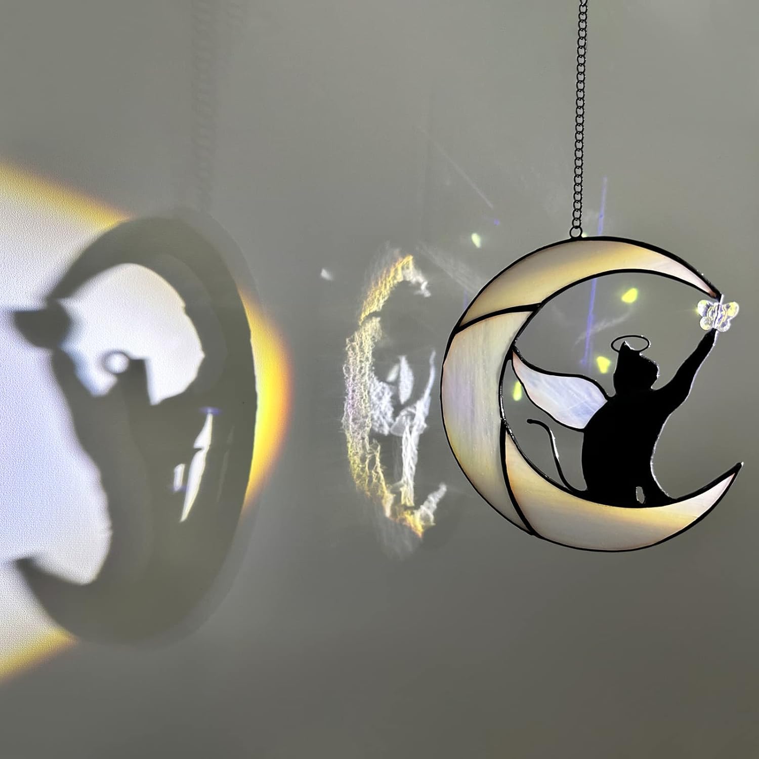Stained Glass Suncatcher: Angel-Winged Cat Catching Butterfly on Moon - Memorial Gift for Cat Loss