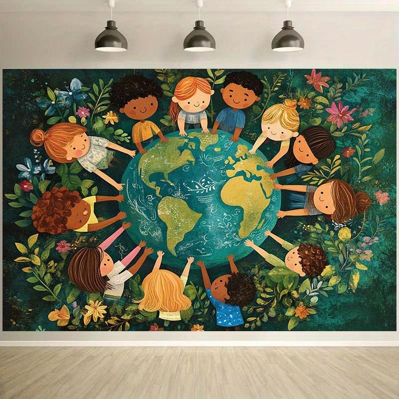 1Pcs Earth Diversity Globe Children Flowers Decoration Background Cultural Backdrop Decorations For Photo Studio Booth Party