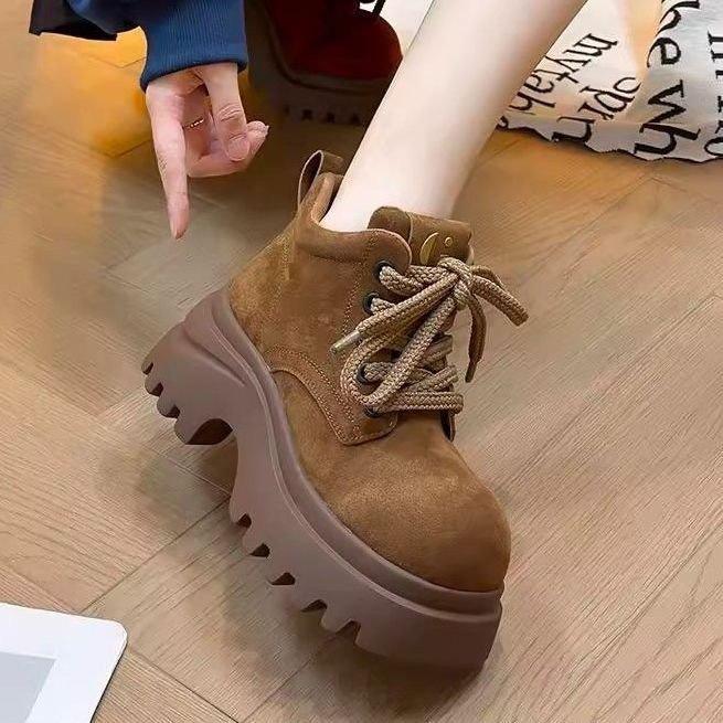 Popular thick heel Martin boots women's 2025 autumn new thick-soled heightening versatile big yellow boots retro lace-up short boots