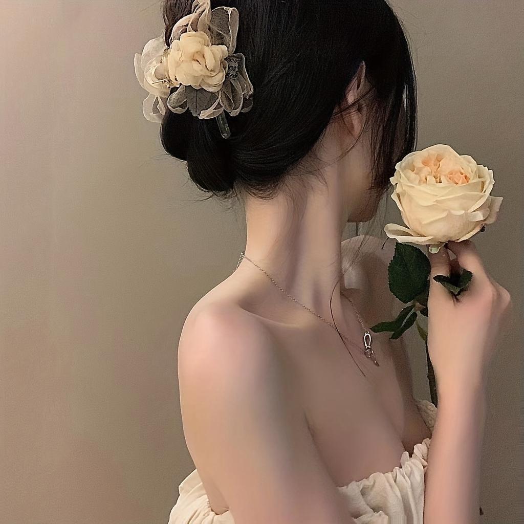 1Pc, Literary Temperament Mesh Flower Grab Clip, About 12cm Long, Hair Grab On the Back of the Head, Transparent Large Shark Clip