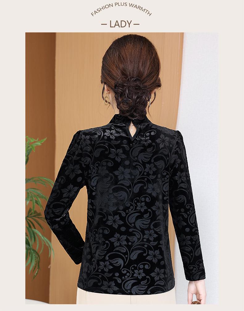 New Arrival: Plus Size Black Printed Long Sleeve T-shirt for Middle-Aged & Elderly Women, Loose Fit, Slimming, Versatile for Spring/Autumn.