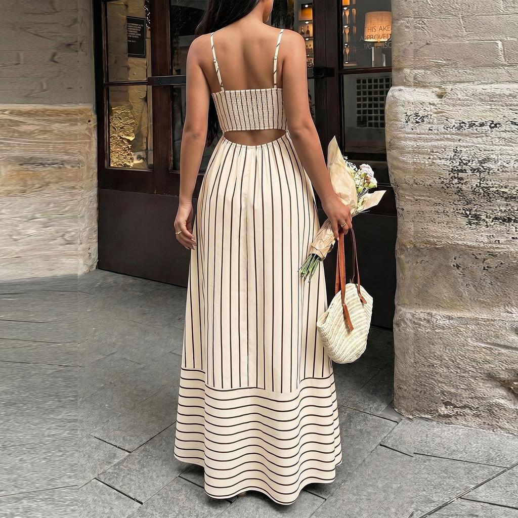 Women Striped Maxi Dress Sleeveless Spaghetti Strap Backless Waist Cinched Casual Summer Dress for Vacation Beachwear