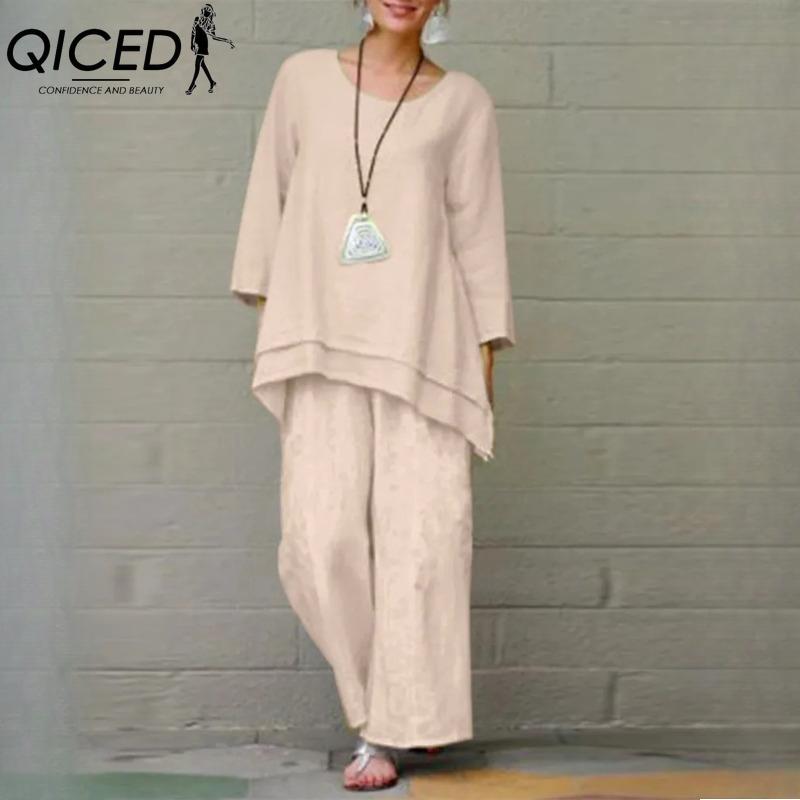 

QICED Женский однотонный винтажный брючный костюм из хлопка и льна, повседневный, с длинным рукавом, свободный хлопковый комплект XXL абрикосовый