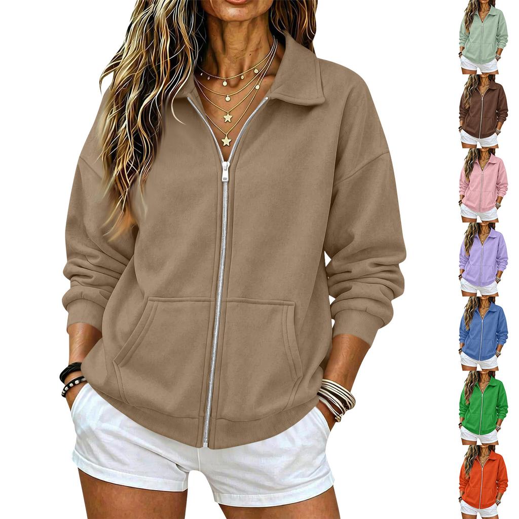 Felpa con zip, spalle scese e maniche lunghe da donna per uso casual