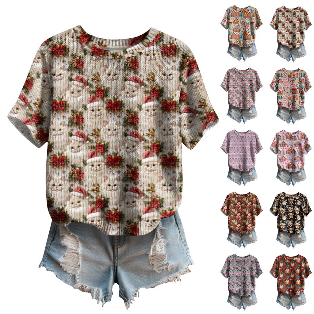 Women's Cute Sweater Knitted Fashion Casual Round-neck Short-sleeved  Cozy Print Top