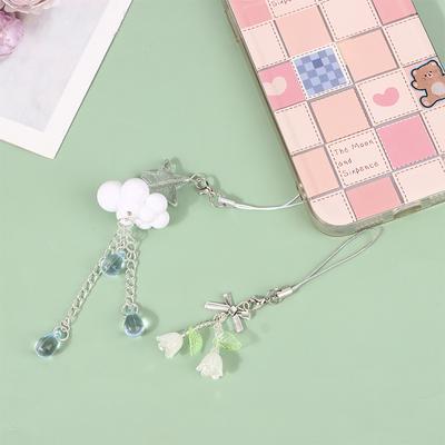 Kawaii Y2K Cloud Bell Orchid Phone Pendant Cute Beaded Handmade Sweet Girl Keychain For Camera CCD Charms
