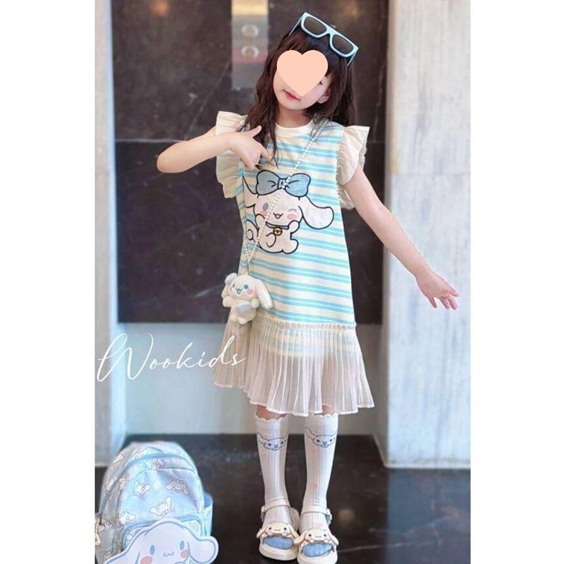 Cartoon Striped Girls Sleeveless Dress with Flutter Sleeves Summer Casual Wear
