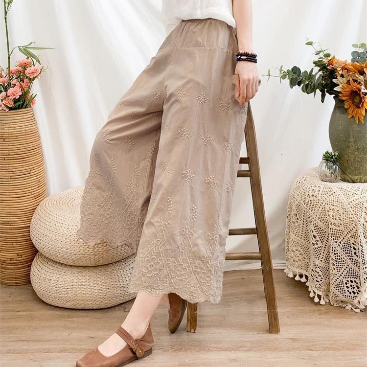 Pantaloni de vară noi artistici cu dantelă ajurată din bumbac, pantaloni scurți, pantaloni casual largi, pantaloni drepți brodați pentru femei