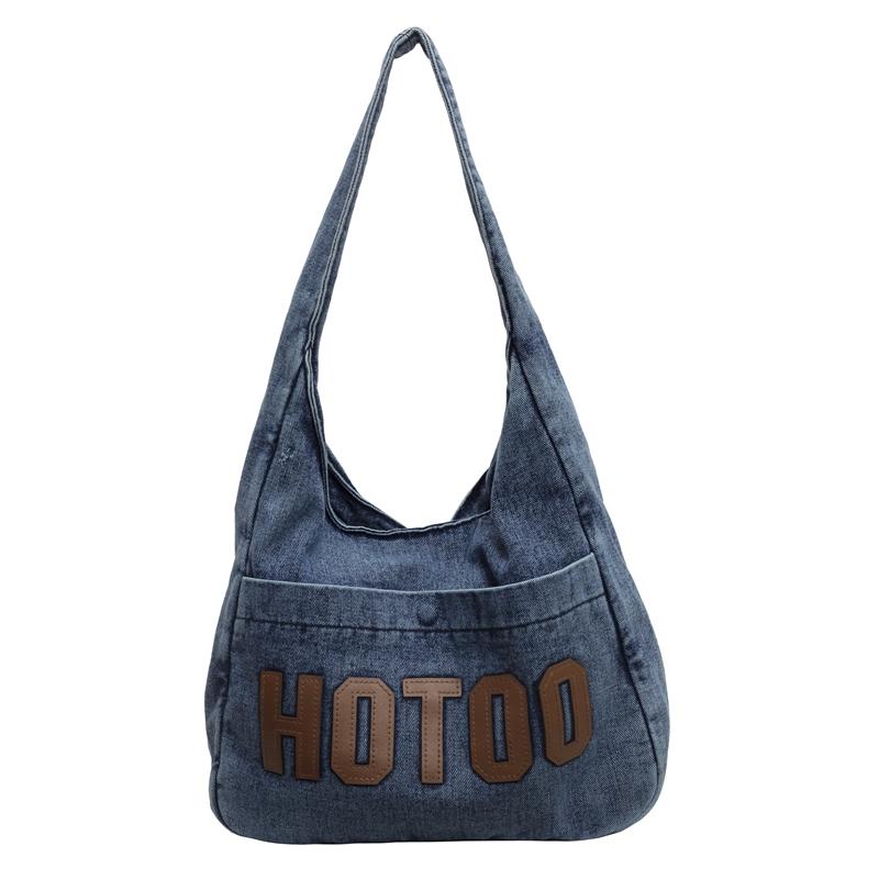 Student Shoulder Bag Letter Print Denim Bag Women's Large Capacity Commuter Tote Bag