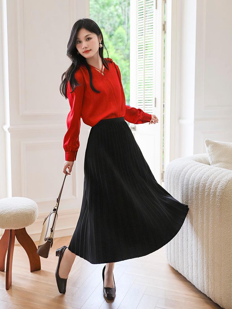 Temperamental Elegant High-Waist Woolen Pleated Skirt - Women's Mid-Length Swing Skirt