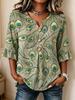 Women's Peacock Feather Print V-Neck Button Front Blouse, White Green Yellow Purple 3/4 Ruffle Sleeve Top for Office & Daily Wear