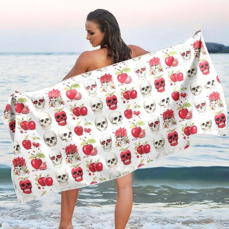

Skull & Red Apple Pattern Beach Towel, Soft Microfiber Quick-Dry Towel for Beach Pool Travel, Absorbent Gothic Style Bath Towel W40*H60(CM)