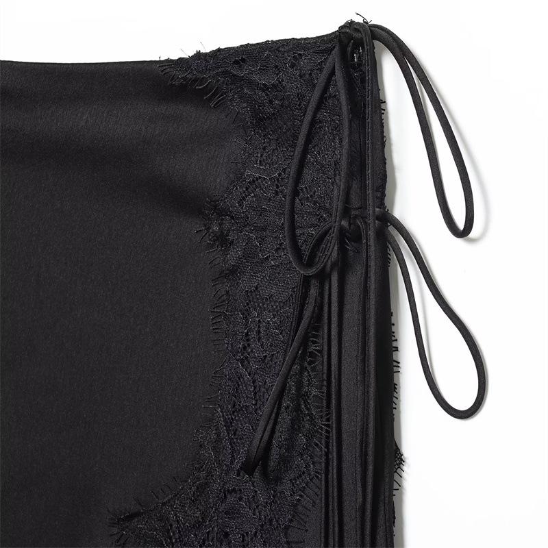 2025 Autumn European & American Style Women's Fashion Lace Satin Midi Skirt
