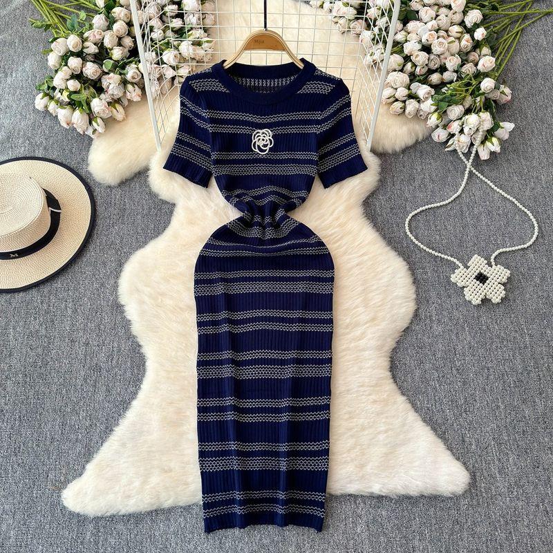 

Classic Style Best Selling Stripes Dress Women s Summer Silm Slim Looking Elegant Socialite Classy Exquisite Ice Silk Knitting Dress Blue One size
