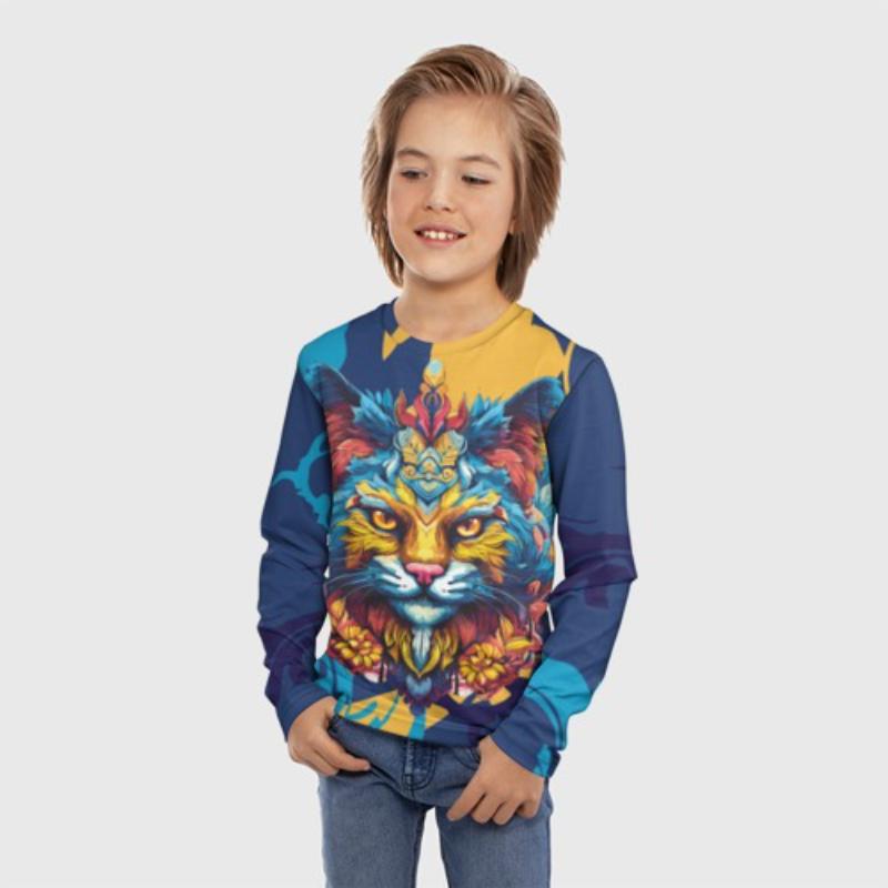 Children's Cartoon Kitten Print Color Painting T-shirt Boys Cute Long Sleeved Soft Comfortable Top