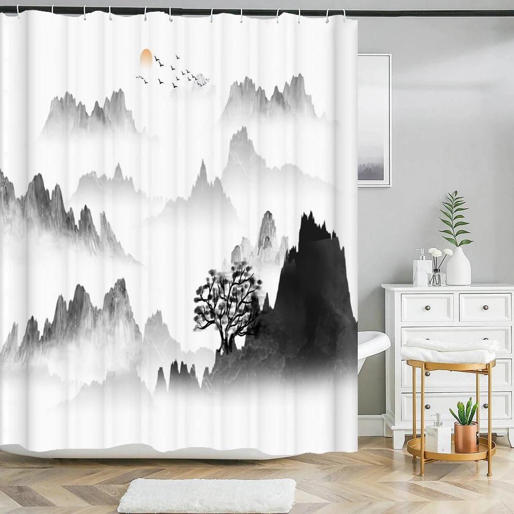 Chinese Ink Painting Landscape Bath Curtain Waterproof Shower Curtains Marble Pattern Bath Screen Printed Curtain for Bathroom