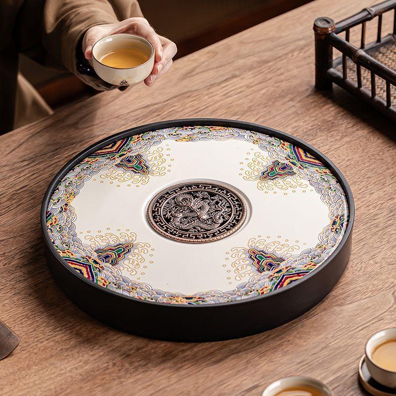 Ceramic round tea tray, dual-purpose for household water storage and drainage, tea sea, and outdoor tea tray