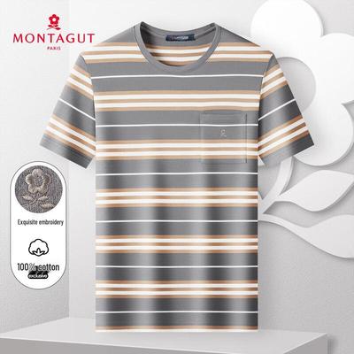 MONTAGUT Men's 100% Cotton Color Block Stripe Round Neck T-Shirt