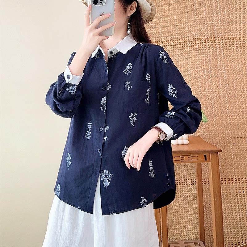 Dubbellaagse katoenen garen pure katoen revershemd, nieuwe Japanse casual stijl los en eenvoudig bloemenprint lange mouwen top voor dames