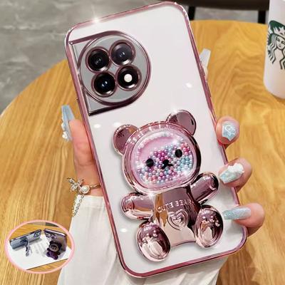 For Funda One Plus Glitter Plating Case On for Oneplus 12R 12 11R 11 R 10 Pro 8T 9R Cute Bear Bracket Transparent Stand Cover