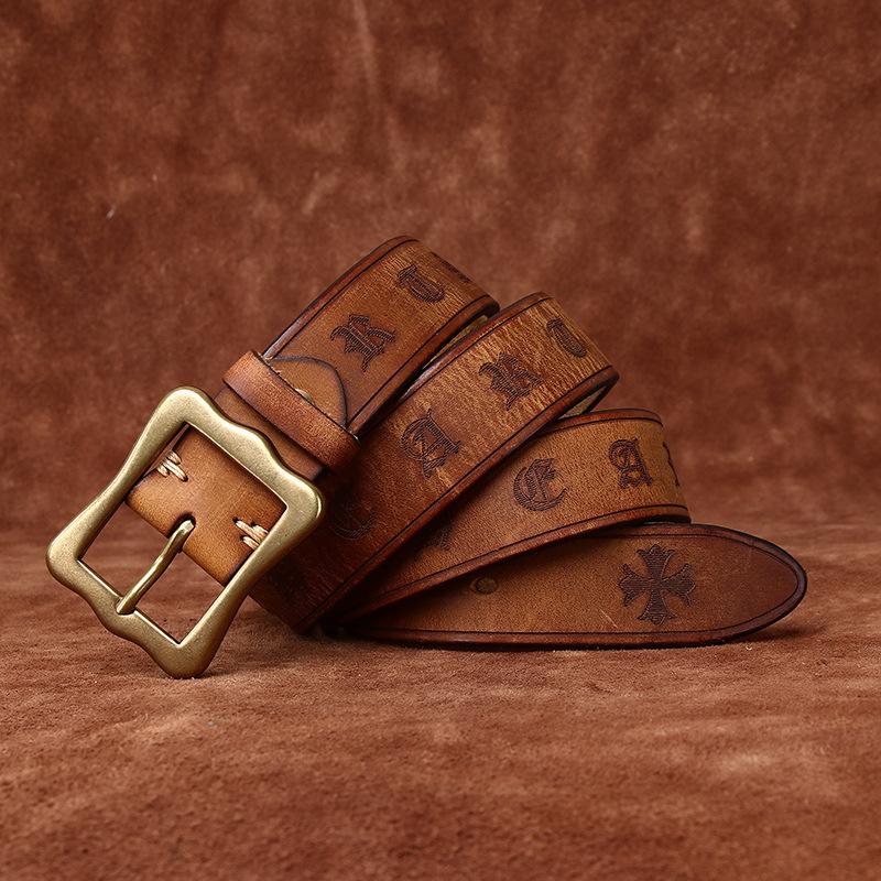 

Men S Casual Handmade Retro Copper Buckle Thickened Leather First Layer Cowhide Belt Men S Pin Buckle Personalized Niche Belt 125cm