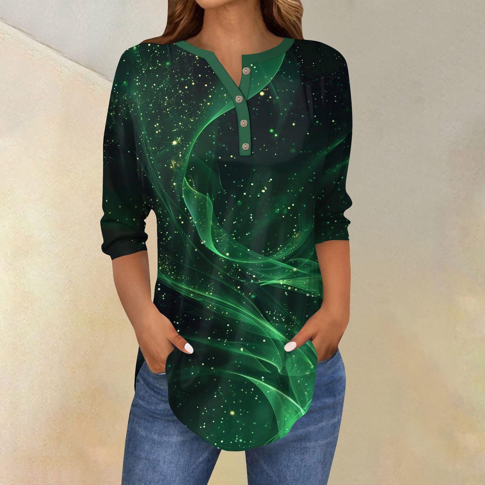 

Женский повседневный топ с рукавами 3/4 и принтом пайеток на пуговицах L