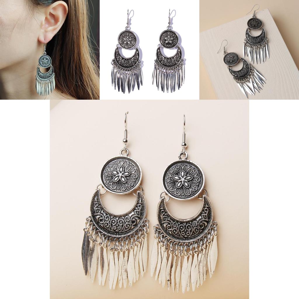 Vintage Alloy Long Dangle Earrings With Silver Finish For Travel And Celebration