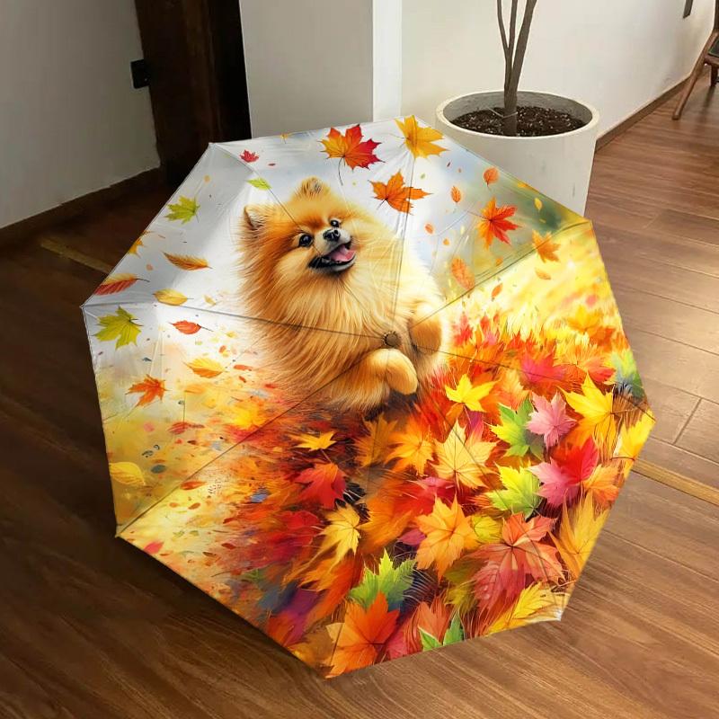 1pc Autumn Leaves Pomeranian Automatic Folding Umbrella, 8 Ribs Iron Frame, Suitable for Outdoor Travel and Daily Use Yy251120204
