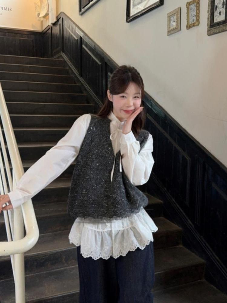 Autumn Lace Patchwork Tie-Up Stand Collar Long Sleeve Shirt for Women