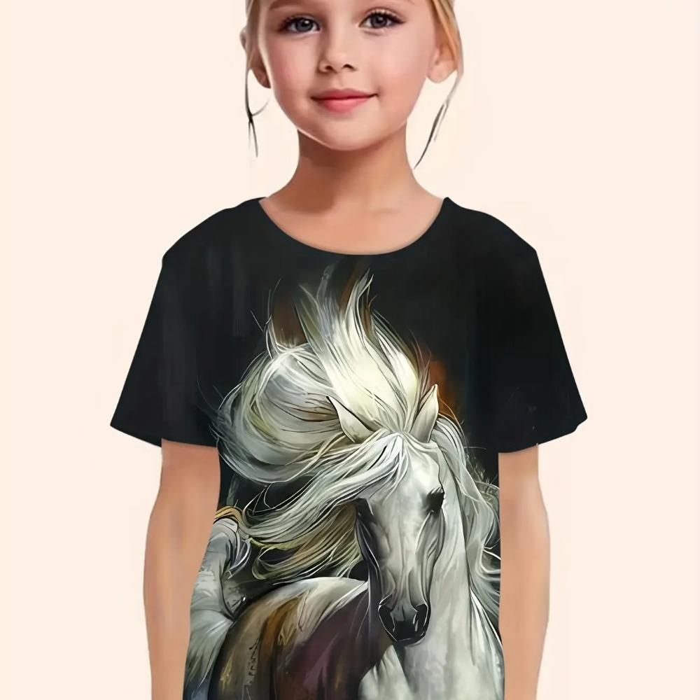 Children's Animal Horse Pattern 3D Digital Printing Girl Casual and Comfortable Round Neck Short Sleeved T-shirt
