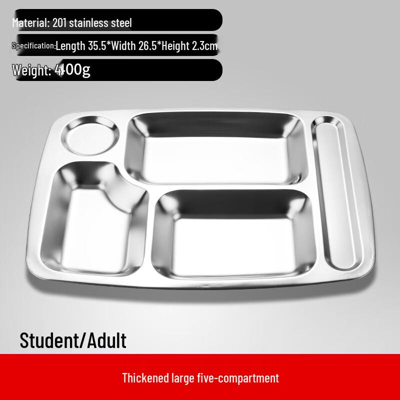 Thickened 304 Stainless Steel 5-Compartment Meal Plate