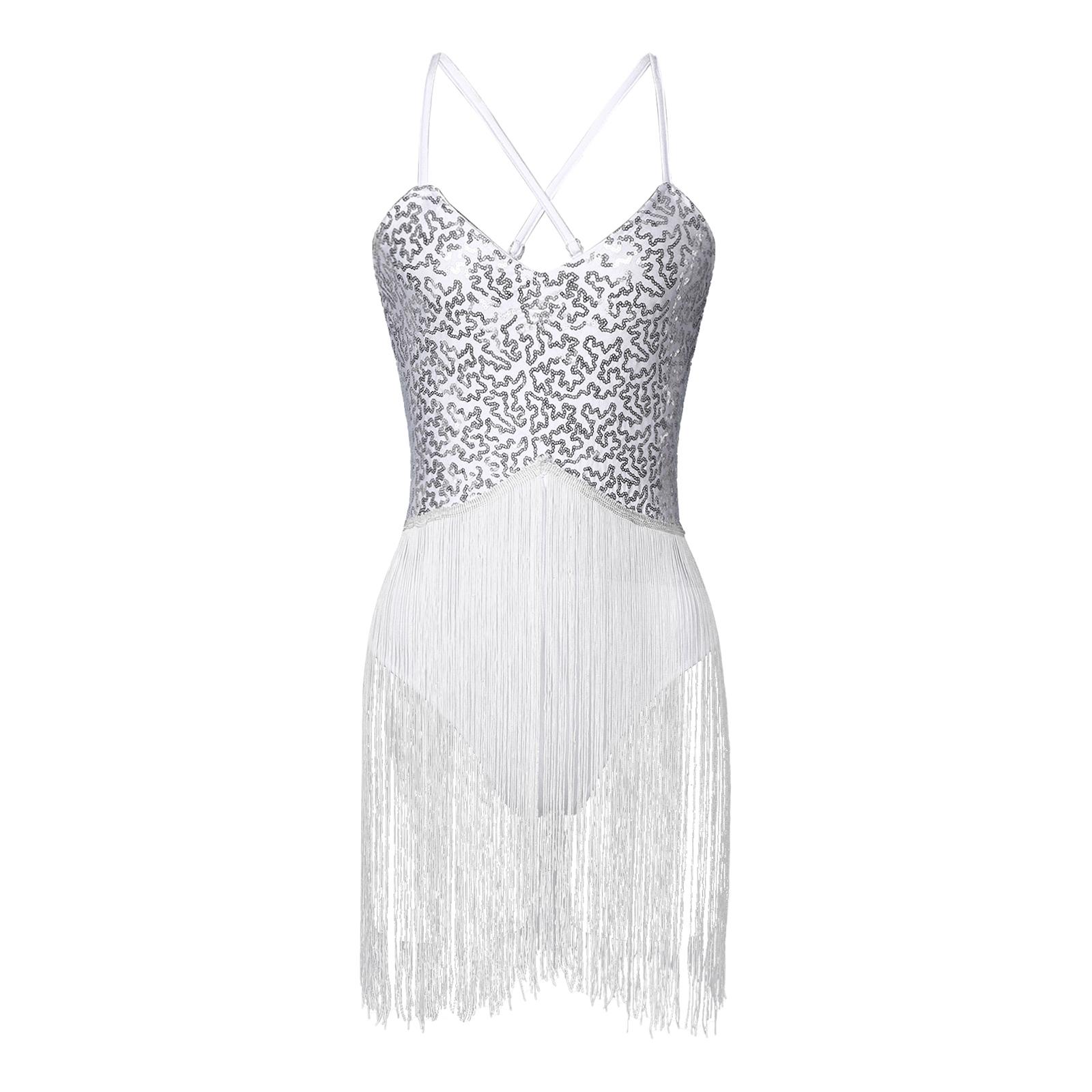 

Женский блестящий боди с бахромой, V-образным вырезом, регулируемыми бретелями, кисточками, трико для танцевальных выступлений или соревнований L белый