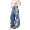 Distressed painted graffiti five-pointed star jeans for men, new summer loose straight-leg versatile casual wide-leg long pants
