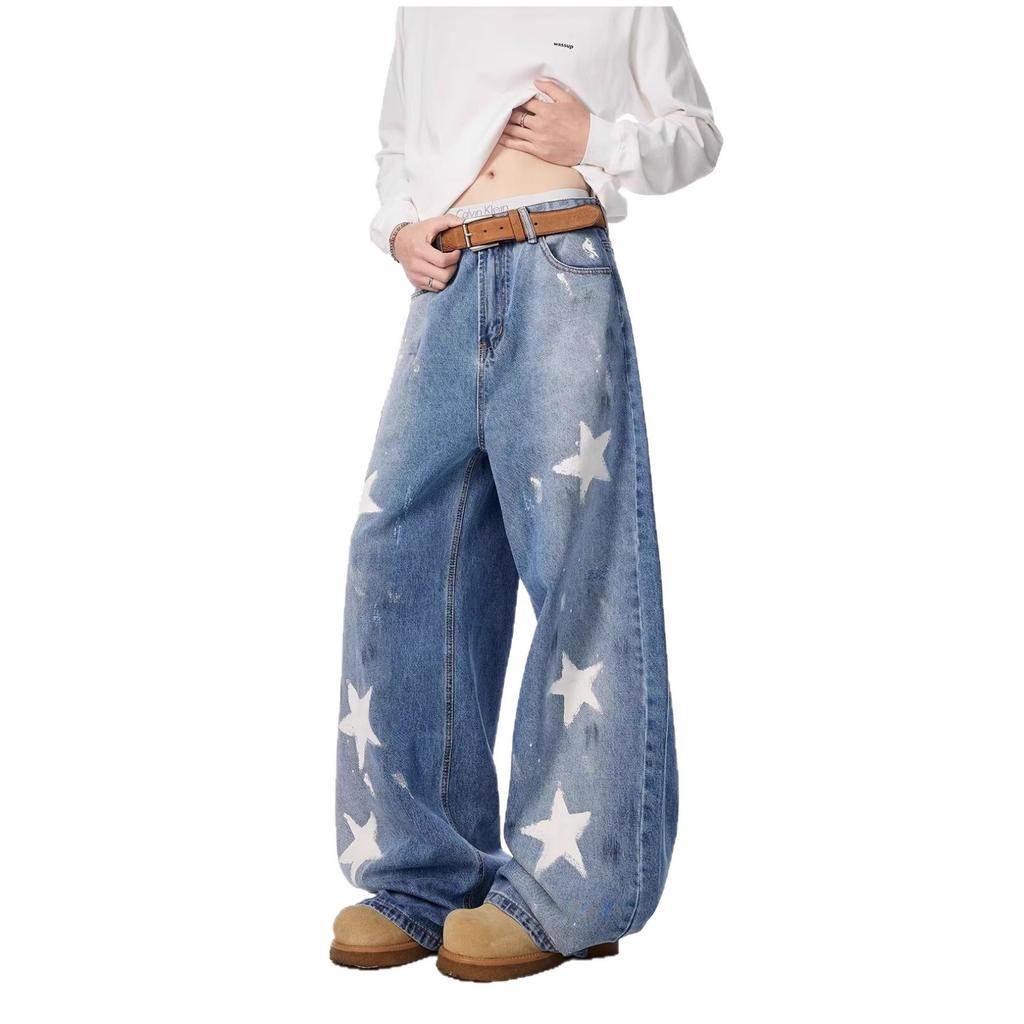 Distressed painted graffiti five-pointed star jeans for men, new summer loose straight-leg versatile casual wide-leg long pants