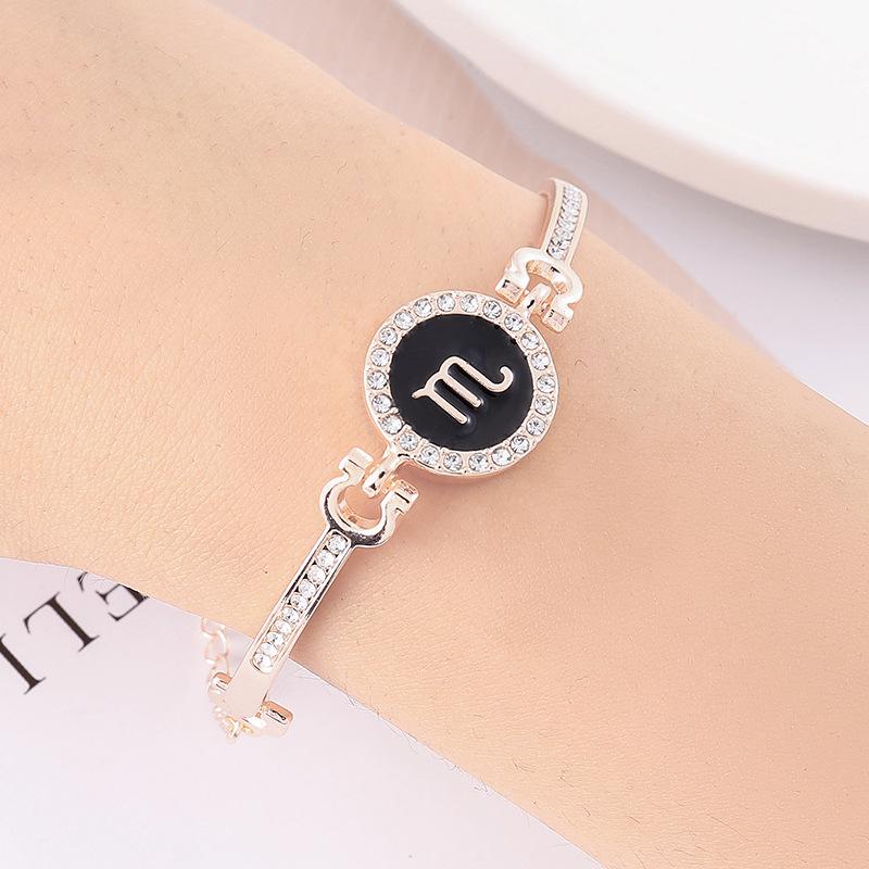 12 Zodiac Signs Bracelet for Women, Rose Gold Plated Inlaid Diamond Constellation Bangle, Fashion Couple Jewelry Gift
